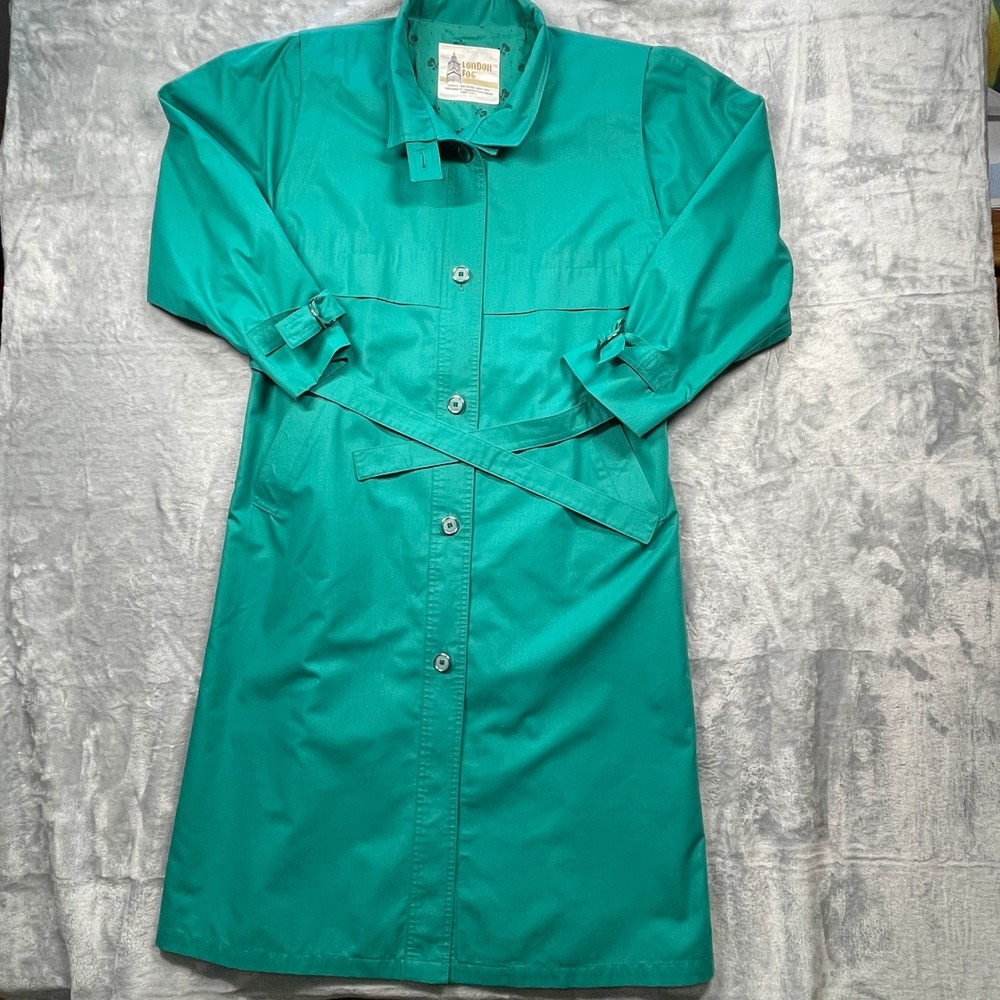 Vintage London Fog Aqua Green Trench Coat Womens Double Breasted Belted Sz 10P